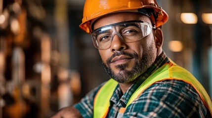 A smiling industrial worker with safety gear and plaid shirt brings a casual yet professional vibe, showcasing an approachable demeanor in a busy industrial setting.