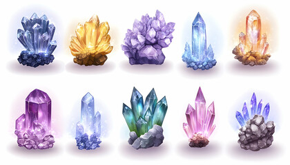 Vibrant gemstone crystals cluster on white background