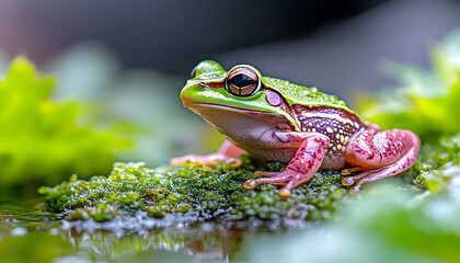 Obraz premium Vibrant frog perched on mossy rock near water