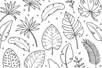 Vector black and white graphic tropical palm leaves seamless pattern with jungle plants and monster Isolated vector illustration
