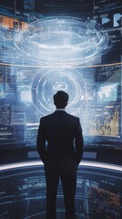 Visionary in the Digital Realm: A modern individual stands before an expansive, interactive digital display, absorbed in a mesmerizing array of data and complex graphical interfaces.