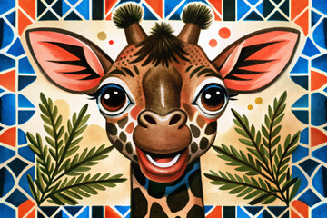 giraffe portrait in funny floral background abstract cartoon illustration