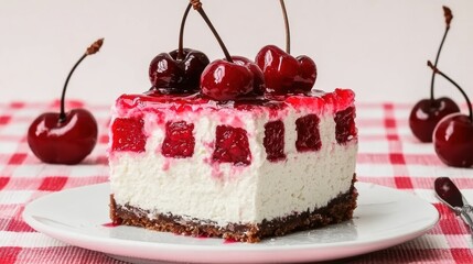 Delicious cherry cheesecake dessert kitchen food photography bright top view indulgence