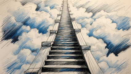 Fototapeta premium Pencil sketch of long staircase going up to clouds. White stairs ascend into blue sky with fluffy white clouds.