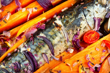 Fried mackerel with baked sweet potato.