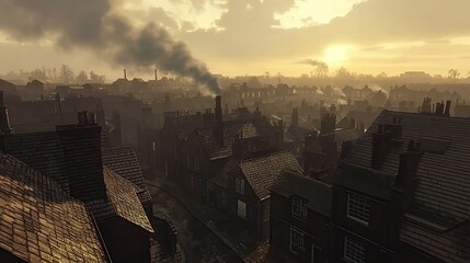 SmogShrouded 19th Century Cityscape Industrial Revolution Sunset Scene
