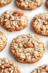 Close-up of homemade oatmeal cookies with nuts, golden brown and chewy