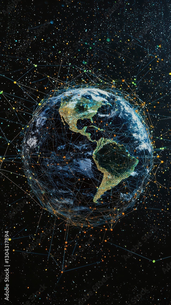 Poster global network: a stunning digital illustration of the earth, enveloped in a dynamic web of intercon