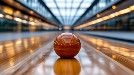 Wooden ball on indoor bowling lane, modern setting