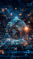 Fototapeta premium Global Network: A stunning 3D rendering depicting a glowing blue Earth surrounded by swirling data streams, symbolizing global interconnectedness and the digital age.