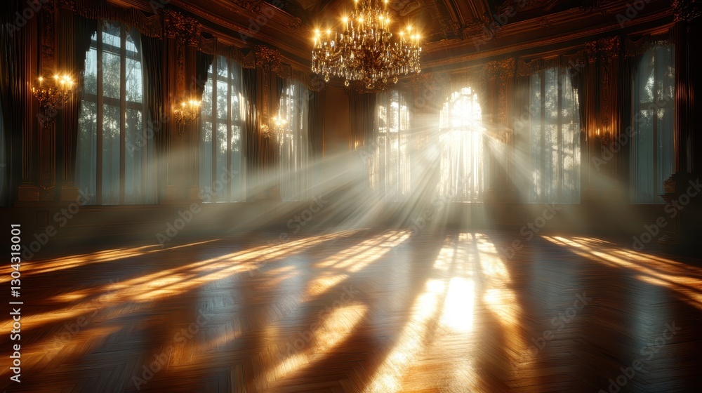 Poster sunlight streams through large windows of a grand hall, creating dramatic shadows and highlighting t