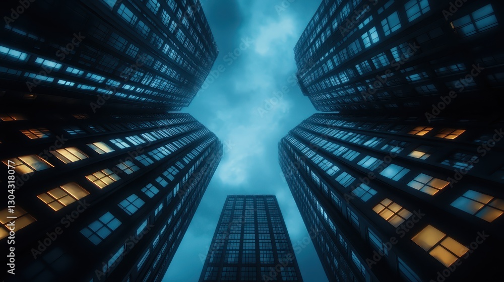 Poster a dramatic low-angle view of skyscrapers reaching into a moody night sky, featuring illuminated wind
