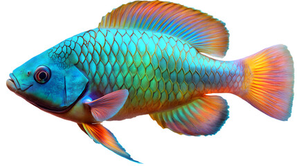 Fototapeta premium Parrotfish with bright turquoise scales, colorful coral reef cleaner, cut out on transparent background