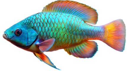 Parrotfish with bright turquoise scales, colorful coral reef cleaner, cut out on transparent background