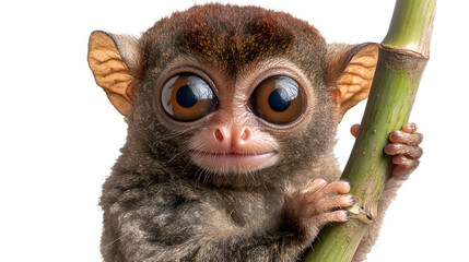 
Philippine tarsier gripping a bamboo stalk, tiny endangered primate, cut out on transparent background