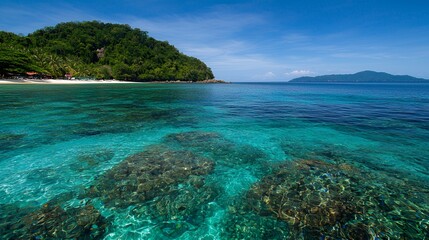 Fototapeta premium Tropical Island Beach with Clear Turquoise Water and Coral Reef