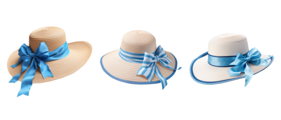 Set of Wide-Brimmed Straw Sunhats with Blue Ribbon PNG, Summer Accessories
