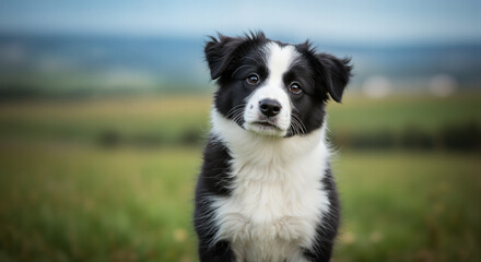 Border Collie Puppy with a Calm Mood, Looking at the Camera, Against a Blurred Green Field Background