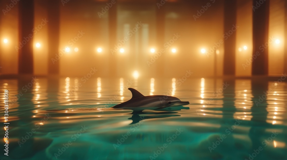 Aufkleber a playful dolphin gliding through an atmospheric indoor pool, surrounded by soft lighting and gentle
