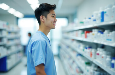 Fototapeta premium Young smiling Asian male pharmacist in medical clothes stands near medicine shelves.