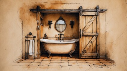Bathroom watercolor sketch with wooden door and bathtub. Neutral tone room includes mirror, lamps and towel rack. Tiles floor creates cozy interior.