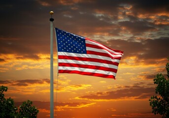 American flag waving against a dramatic, textured sunset sky. Patriotic, evocative