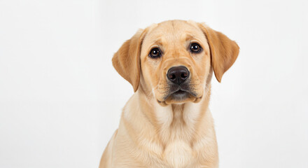 Yellow Labrador Retriever Puppy with Attentive Mood Looking at the Camera Against a White Background with Copy Space