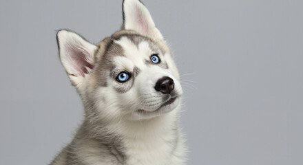 Fototapeta premium Siberian Husky Puppy with Inquisitive Mood Looking Up Against a Gray Background with Copy Space