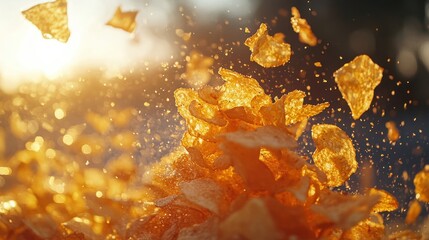 A symphony of crunch and flight as a bag of crispy potato chips soared through the air, a golden halo of salty goodness defying gravity and the pull of the wind.