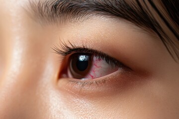Close-up of human eye with redness medical context photography indoor macro health awareness
