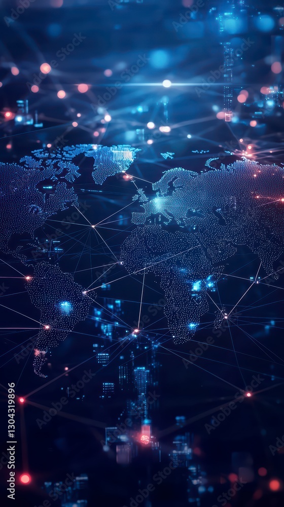 Poster digital connectivity: a network of interconnected points of light dances across a world map, symboli