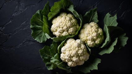 Three heads of cauliflower with leaves on a dark stone surface