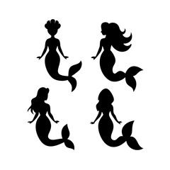 Fototapeta premium mermaid silhouette icon set vector art illustrations. silhouette of a girl with long hair