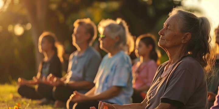 A group of elderly people practicing yoga in a park at sunset, promoting health, relaxation, and mindfulness in a peaceful natural environment