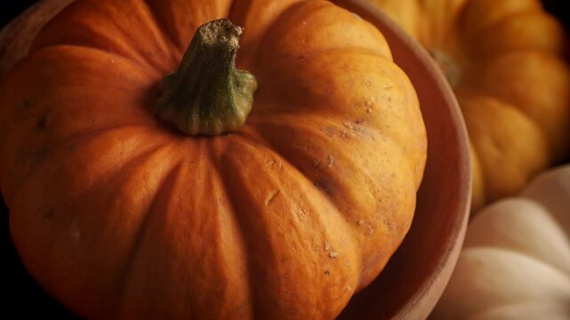 Small pumpkins vibrant warm rustic backdrop sliding camera move stock footage