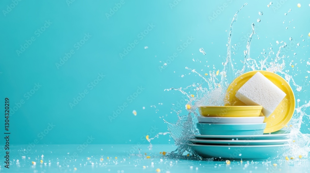Poster an engaging shot of colorful dishware with splashes of water, creating a lively and playful atmosphe