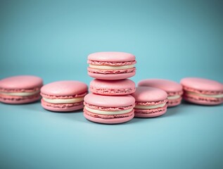 Fototapeta premium Photograph of a Stack of Delicate Pink Macarons Filled with Smooth Buttercream, Perfectly Arranged for an Elegant and Sweet Indulgence – dessert stock-image