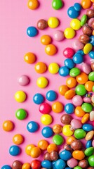 Obraz premium Colorful Candy on a Pink Surface: A vibrant array of multicolored candy creates a cheerful scene. The playful arrangement and vivid hues evoke a sense of fun and delight.