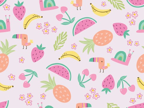 TROPICAL FRUITS AND BIRDS CONVERSATIONAL FLORAL DOODLE SEAMLESS PATTERN ALL OVER PRINT VECTOR ILLUSTRATION