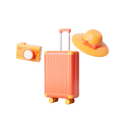 3d rendering travel suitcase and camera with hat