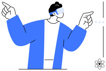 Person in headset interacts with virtual environment using expressive gestures. Ideal for technology, innovation, gaming, future, learning, digital interaction, virtual experience. Flat simple