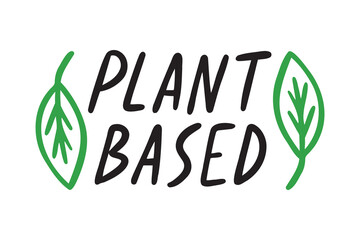 Plant based doodle hand made text, plant based lettering with leaves. Vegan and vegetarian food concept.
