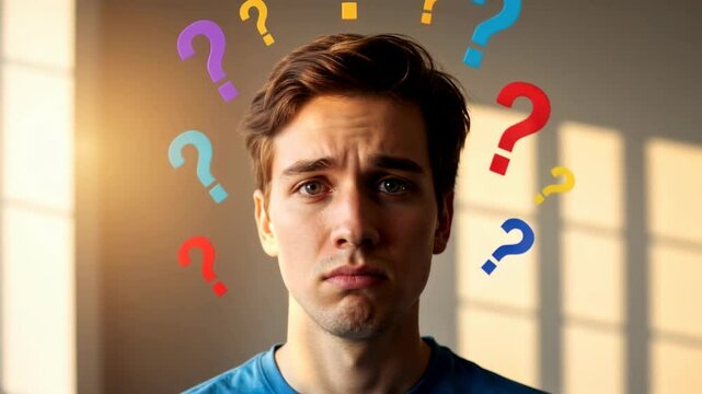 Young man with a puzzled expression surrounded by colorful question marks in a sunlit room - confused man confusion funny