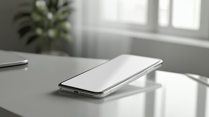 A pristine white mobile phone, its screen displaying a blank canvas of possibilities, lay innocently on a sleek, minimalist desk, ready to capture moments and connect with the digital world.