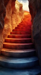 A winding stone stairway ascends gracefully, leading into the mouth of a dark cave nestled within a rugged cliffside, surrounded by lush greenery and rocky terrain.