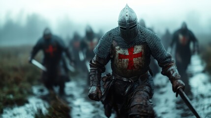Fototapeta premium A formation of armored knights pushes through a fog-drenched field, embodying resilience and determination against the backdrop of nature's ominous ambiance.