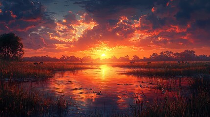 Vibrant African Sunset Landscape River Wildlife and Fiery Sky at Dusk