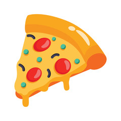 Showing 3d style icon of pizza slice with cheesy topping on it