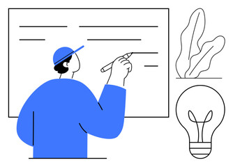 Minimalist artwork of a person writing on a board, accompanied by a light bulb and plant. Ideal for creativity, brainstorming, innovation, education, inspiration, design thinking growth. Flat simple