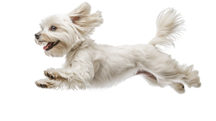 Maltese dog leaps joyfully in mid-air showcasing its long flowing hair on a sunny day